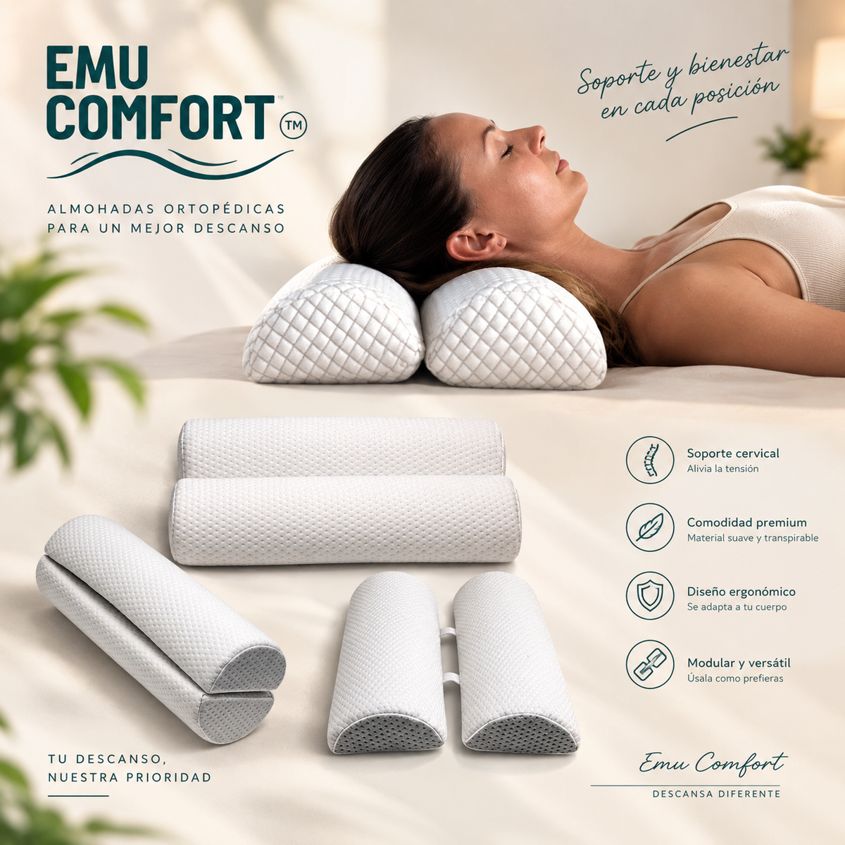 Almohada cilíndrica con separador de piernas Emu Comfort